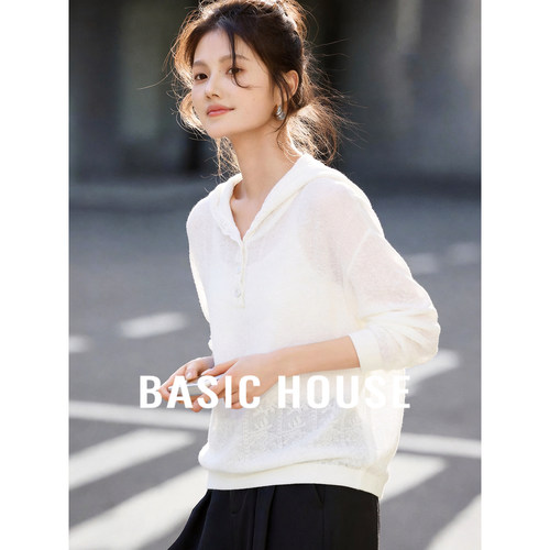 Basic House/百家好蕾丝拼接连帽针织衫女春夏新款莱赛尔长袖上衣