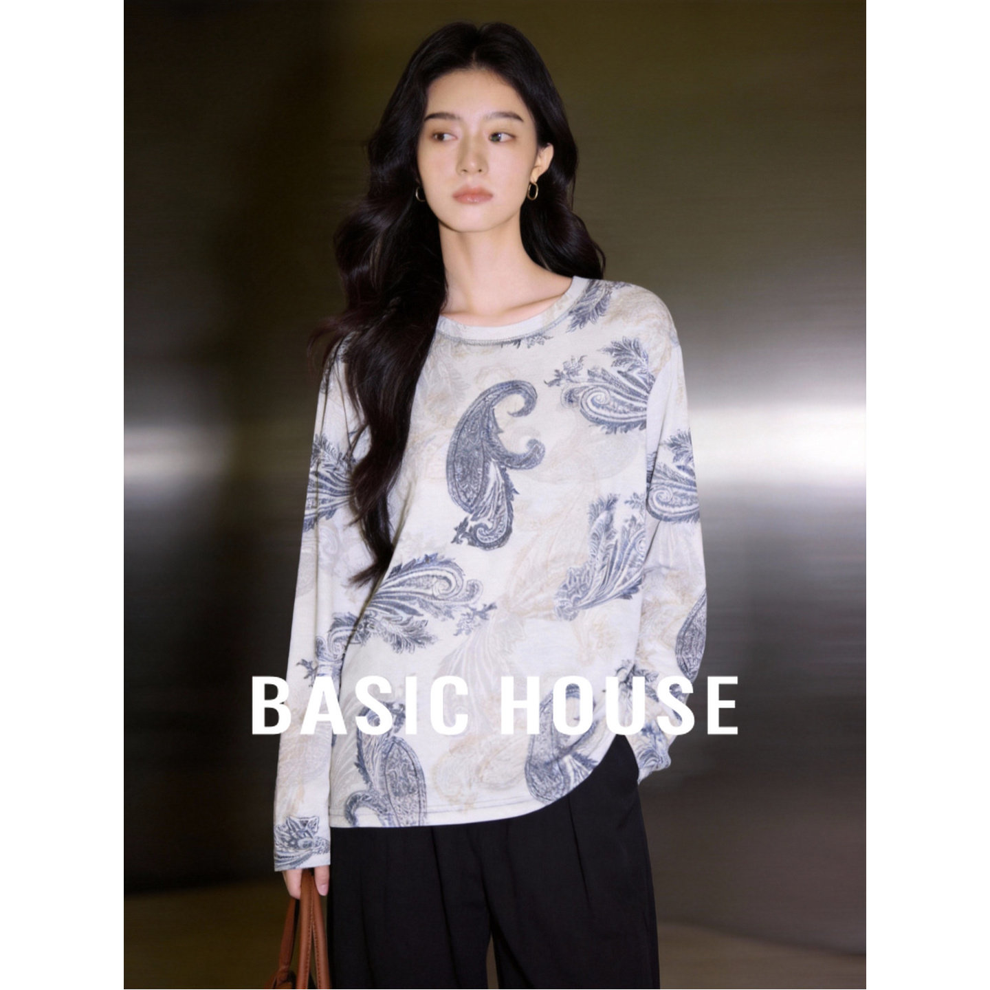 Basic House/百家好小众复古印花长袖T恤薄款防晒内搭上衣春夏季