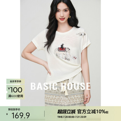 Basic House/百家好卡通刺绣短袖针织衫夏季新款抽褶短款圆领上衣