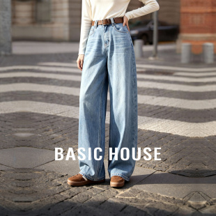 百家好莱赛尔加绒复古水洗直筒牛仔裤女冬季新款高腰休闲阔腿长裤