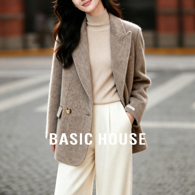 Basic House/百家好复古绵羊毛双面呢大衣女款小个子短款西装外套