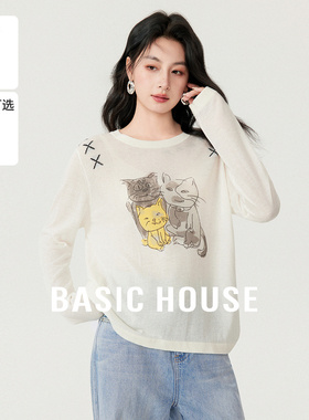 Basic House/百家好莱赛尔猫咪印花针织衫春季新款亚麻撞色上衣女
