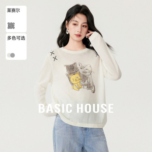 Basic House/百家好莱赛尔猫咪印花针织衫春季新款亚麻撞色上衣女