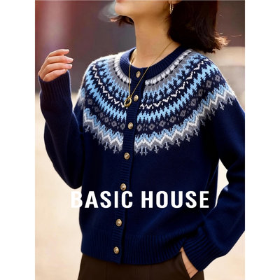 百家好绵羊毛费尔岛羊毛衫女士冬季新款提花针织开衫毛衣新年战袍