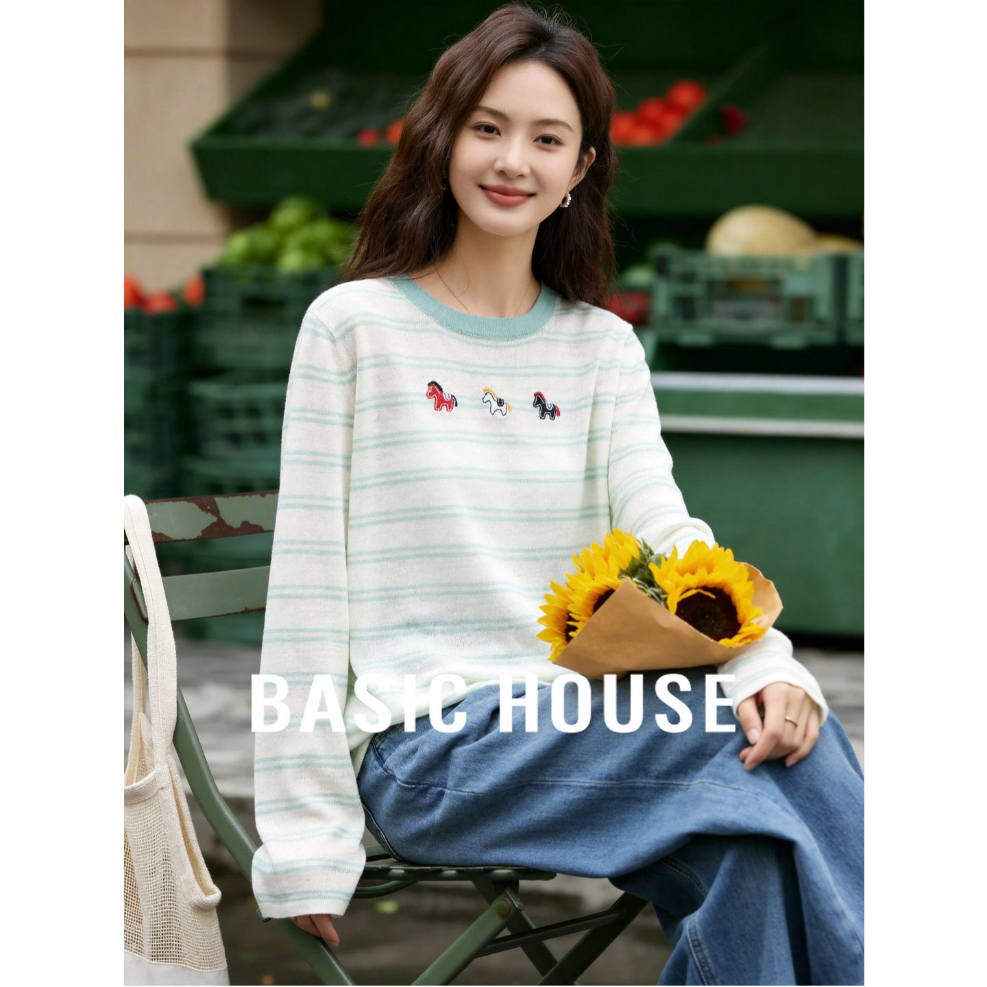 Basic House/百家好浅蓝条纹小马刺绣针织衫女夏薄款长袖防晒上衣