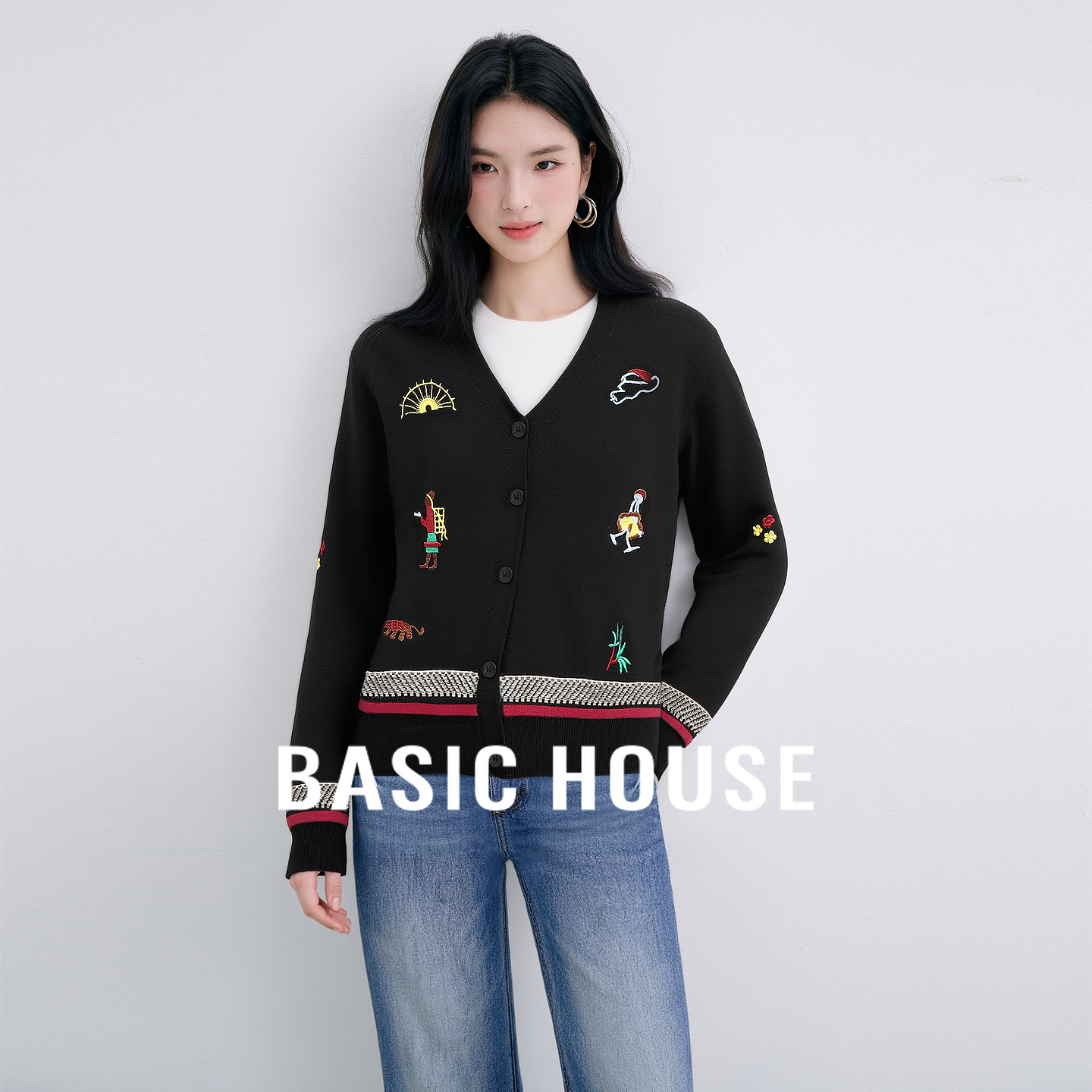 Basic House/百家好莱赛尔多彩刺绣设计秋季新款宽松显瘦针织开衫