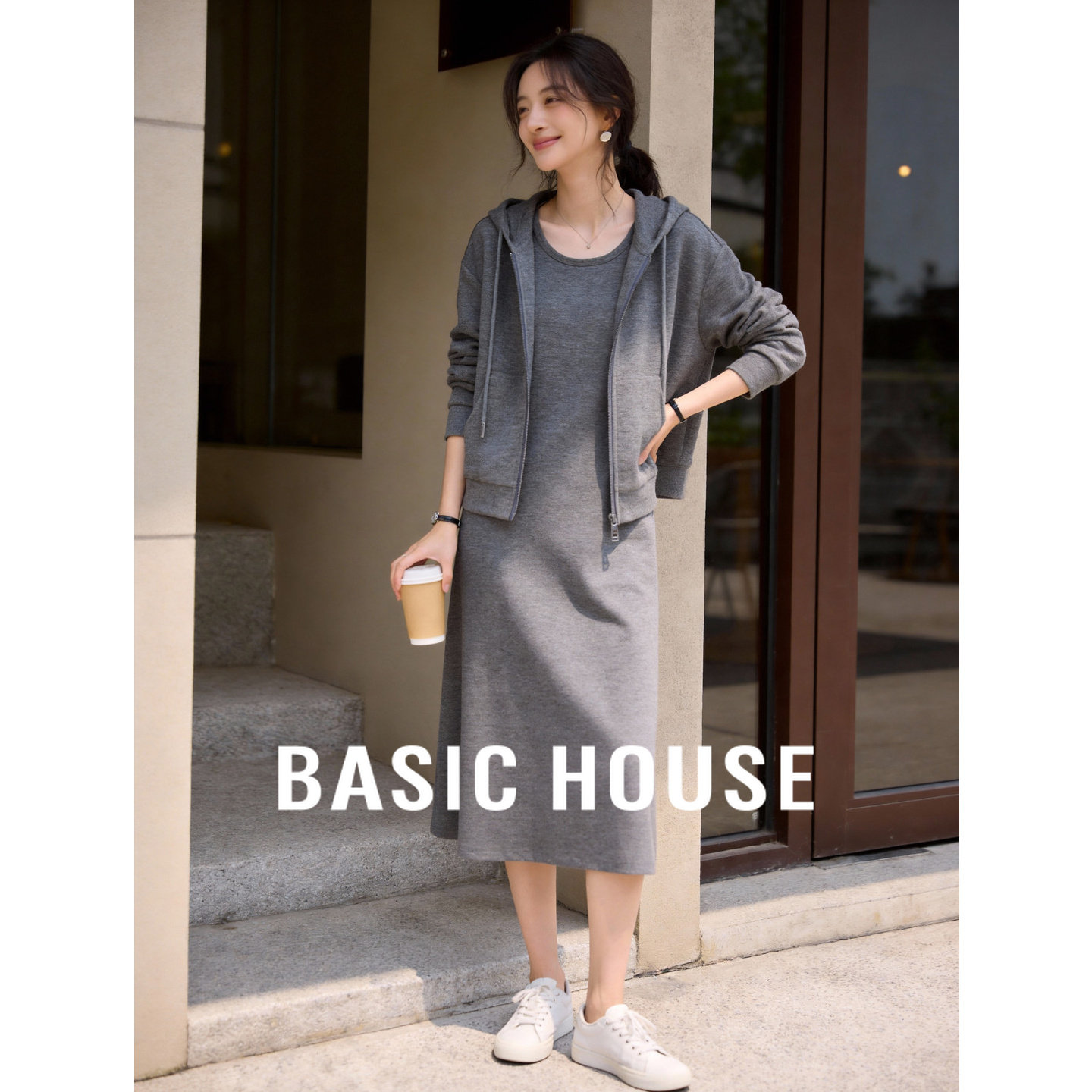 Basic House/百家好休闲连帽卫衣外套背心连衣裙女春季显瘦两件套