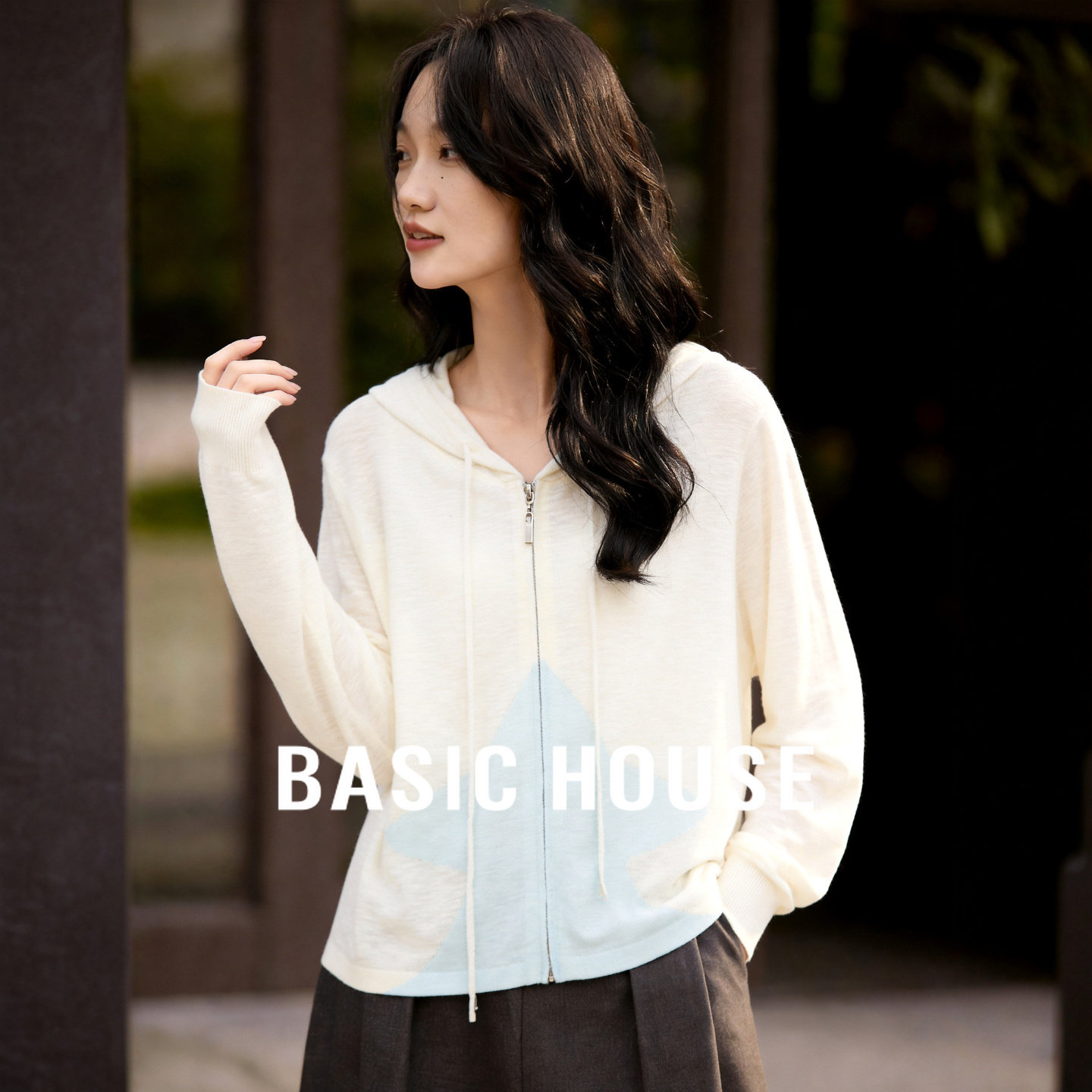 Basic House/百家好薄款连帽针织衫春季26女撞色开衫外套慵懒穿搭