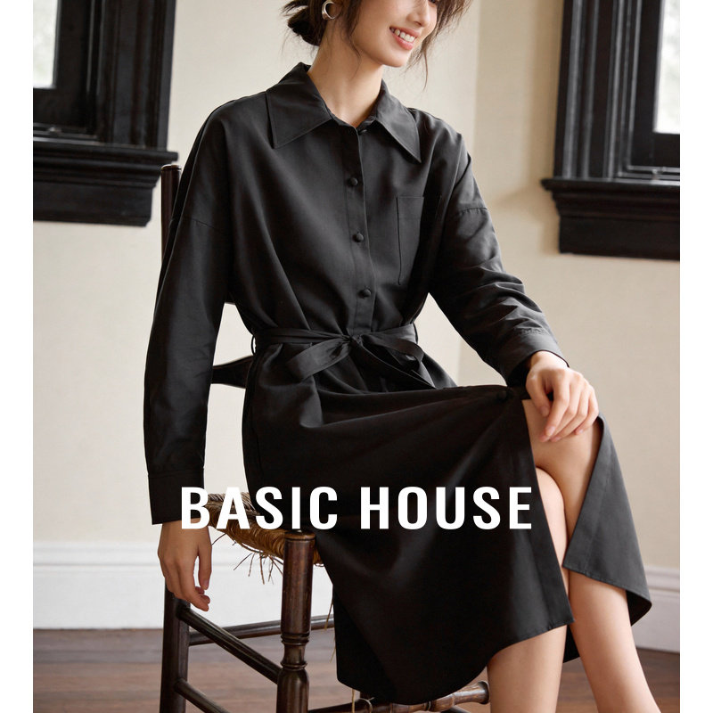 百家好黑色衬衫领开衫长裙子女春季2026新款高级感气质系带连衣裙