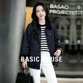 夹克女翻领拼接加绒棉衣中长款 百家好黑色工装 外套 House Basic