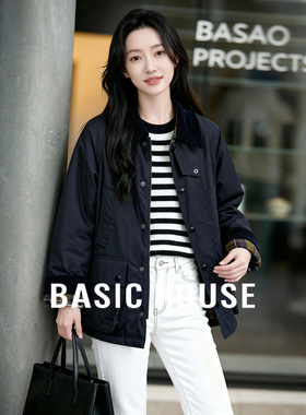 Basic House/百家好黑色工装夹克女翻领拼接加绒棉衣中长款外套
