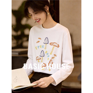 Basic House/百家好童趣蘑菇印花T恤女秋冬宽松白色长袖森系上衣
