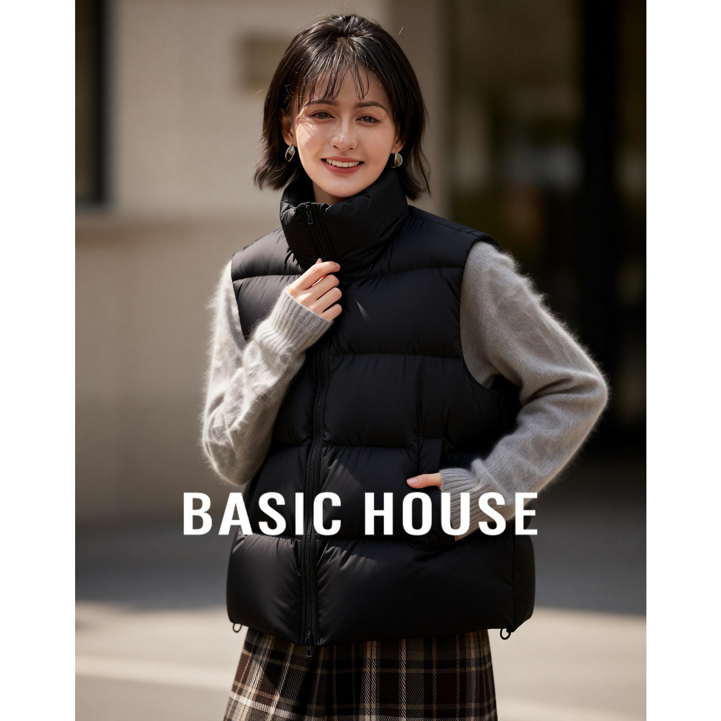 Basic House/百家好立领无袖羽绒马甲女冬新款简约风宽松百搭上衣