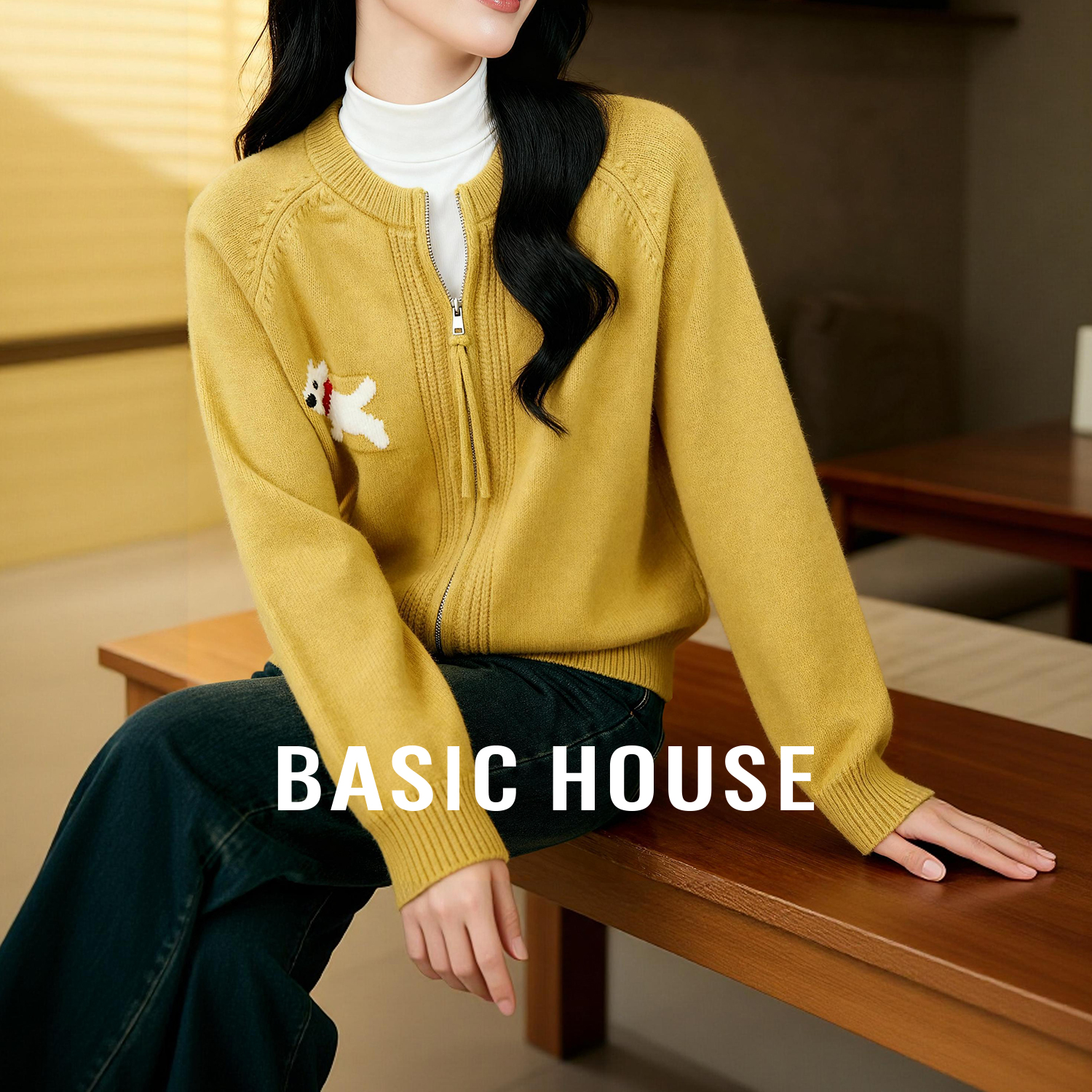 Basic House/百家好小狗刺绣减龄卡通圆领毛衣外套女宽松针织开衫