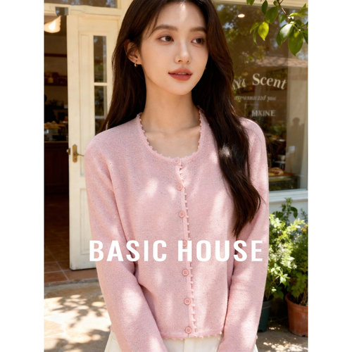 Basic House/百家好莱赛尔点纱针织开衫女新款长袖开衫外搭上衣