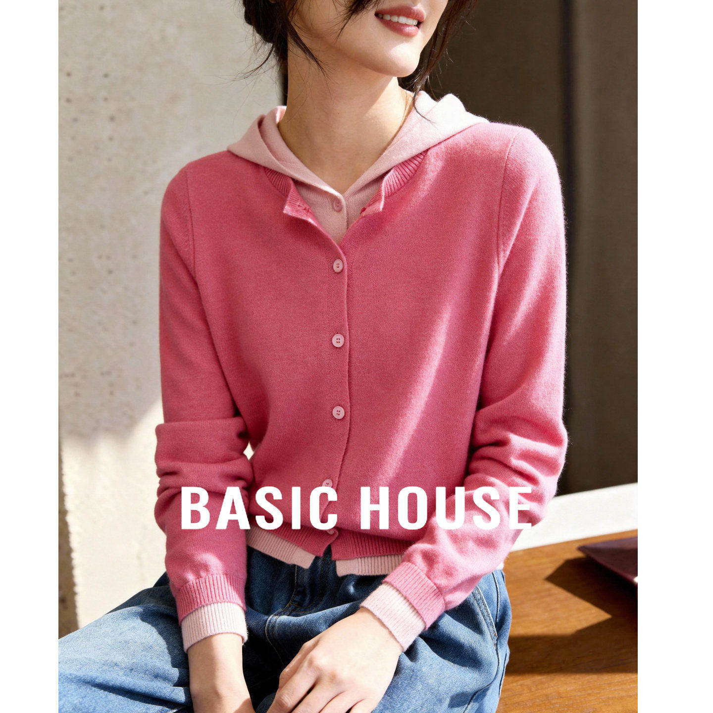 Basic House/百家好假两件针织开衫女2026春季新款连帽撞色短外套