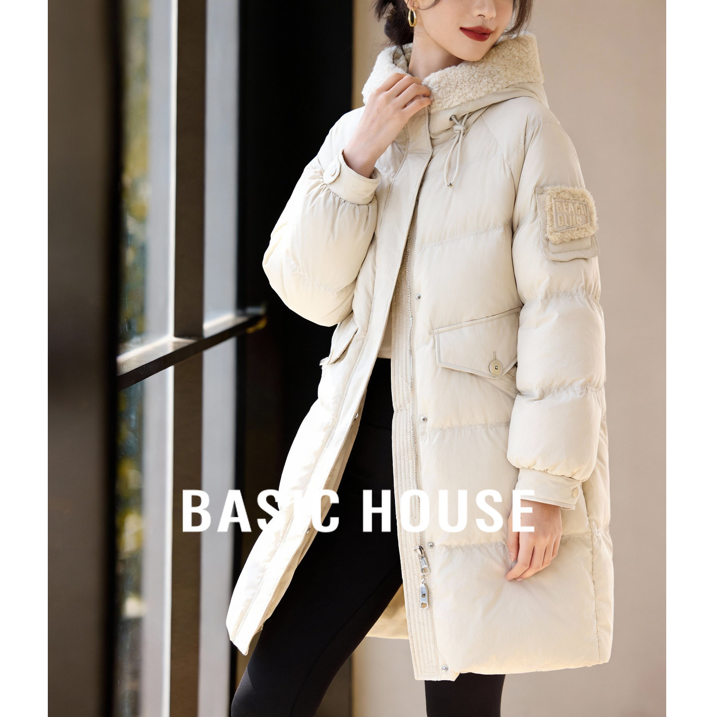 Basic House/百家好连帽长款羽绒服女款冬季新款宽松保暖纯色外套,女装/女士精品,羽绒服,淘宝优惠券,粉丝福利购,淘宝优惠卷