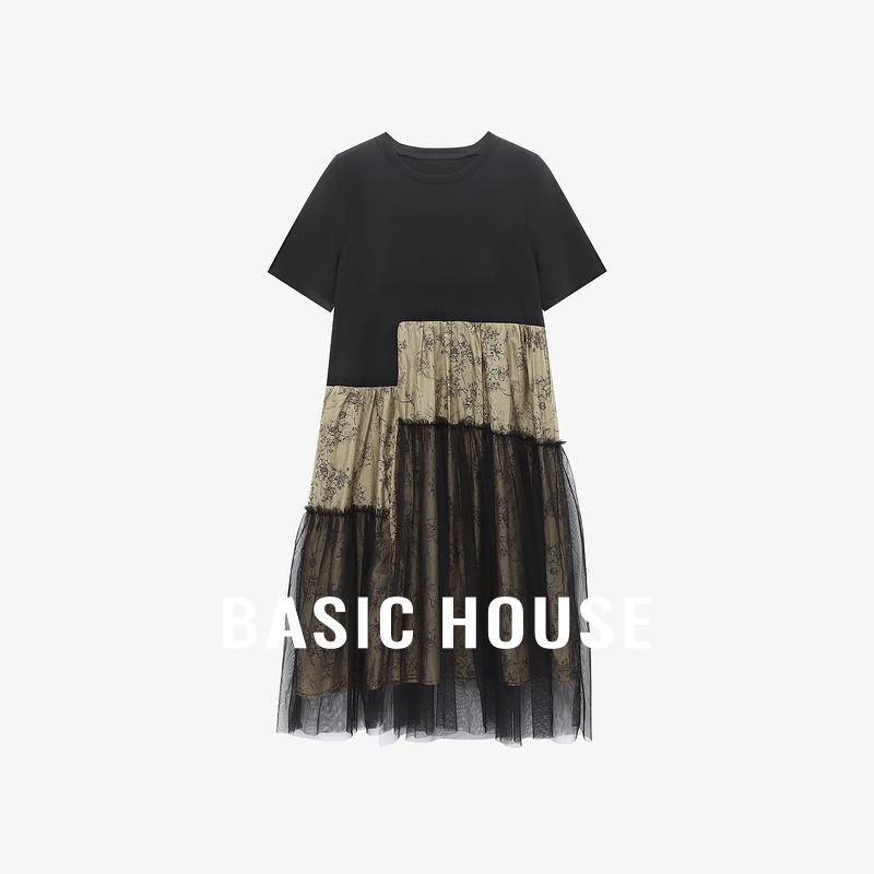 Basic House/百家好拼接拼色水墨风气质感宽松显瘦套头短袖连衣裙