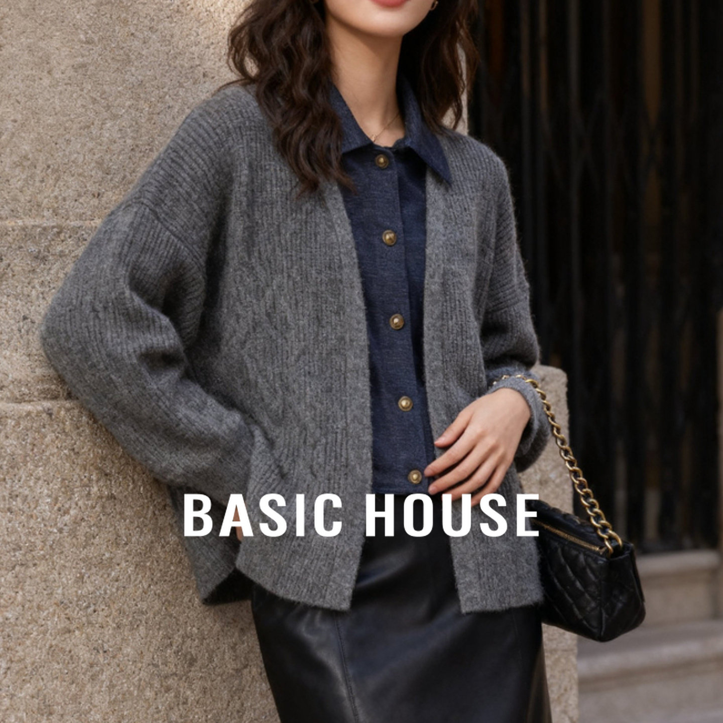 Basic House/百家好假两件针织开衫女牛仔领拼接灰色宽松显瘦外套