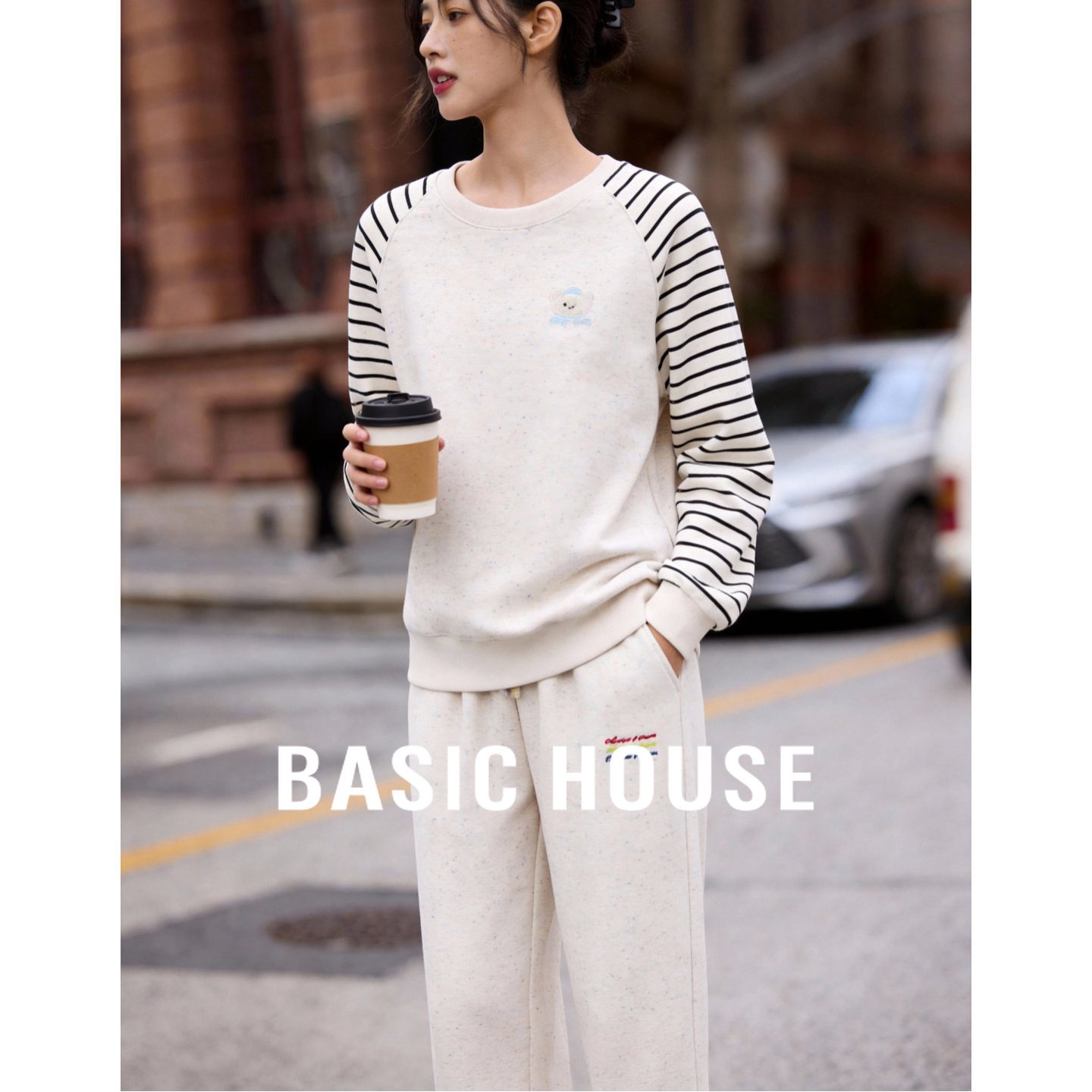 Basic House/百家好秋冬套装女款条纹拼接卫衣休闲宽松卫裤两件套