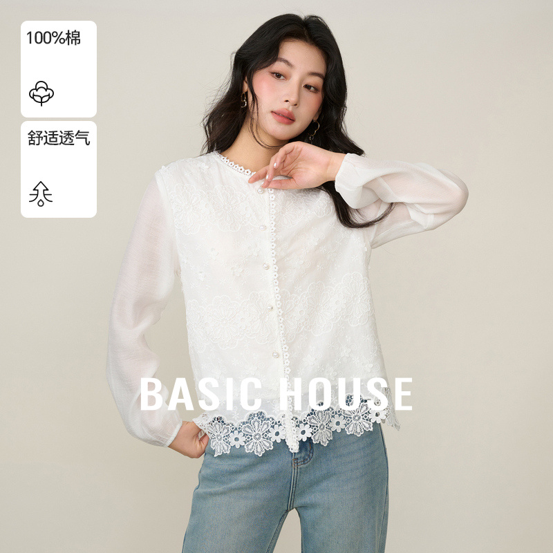 Basic House/百家好长袖蕾丝上衣女秋冬新款甜美气质花边法式衬衫