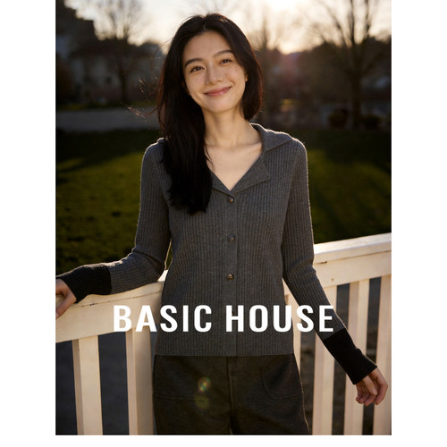 Basic House/百家好翻领针织衫女春夏简约风袖口修身显瘦长袖开衫