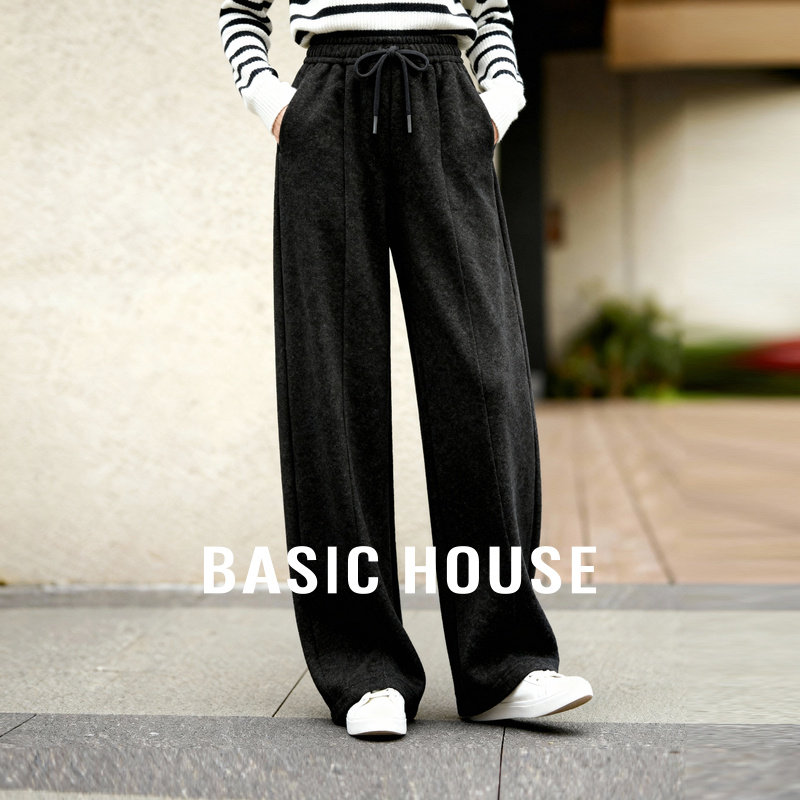 Basic House/百家好松紧腰抽绳弯刀裤女冬新款宽松慵懒显瘦休闲裤,女装/女士精品,休闲裤,淘宝优惠券,粉丝福利购,淘宝优惠卷