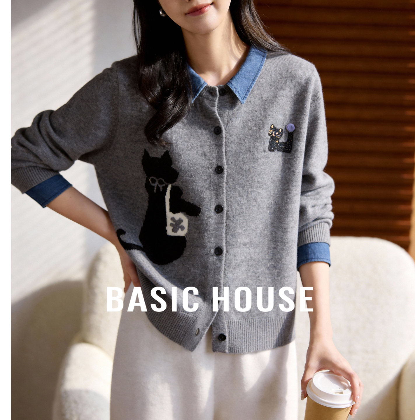 Basic House/百家好牛仔拼接猫咪针织开衫女显瘦假两件减龄上衣春