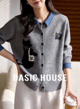 Basic House/百家好牛仔拼接猫咪针织开衫女显瘦假两件减龄上衣春