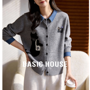 女显瘦假两件减龄上衣春 百家好牛仔拼接猫咪针织开衫 Basic House