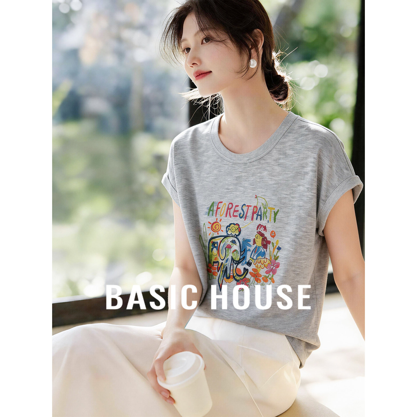 Basic House/百家好童趣印花短袖针织衫女26夏季新款圆领宽松上衣