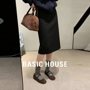 Basic House/百家好黑色针织半身裙女秋冬款高腰显瘦中长款包臀裙