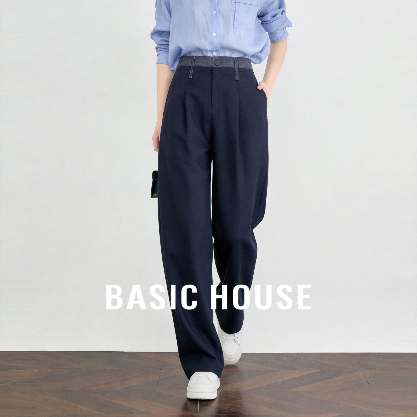 Basic House/百家好藏青色宽松直筒西装裤女春季新款莱赛尔休闲裤