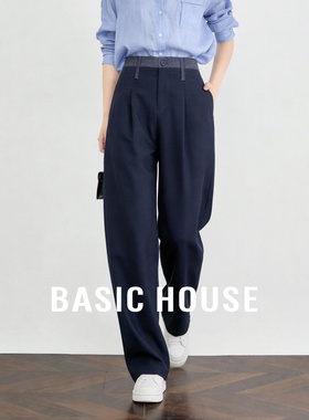 Basic House/百家好藏青色宽松直筒西装裤女春季新款通勤休闲裤子