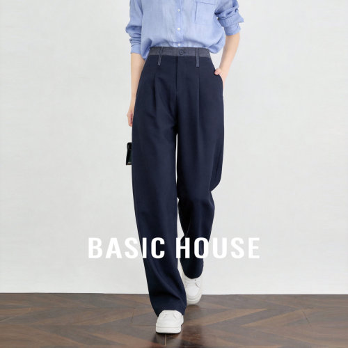 Basic House/百家好藏青色宽松直筒西装裤女春季新款通勤休闲裤子