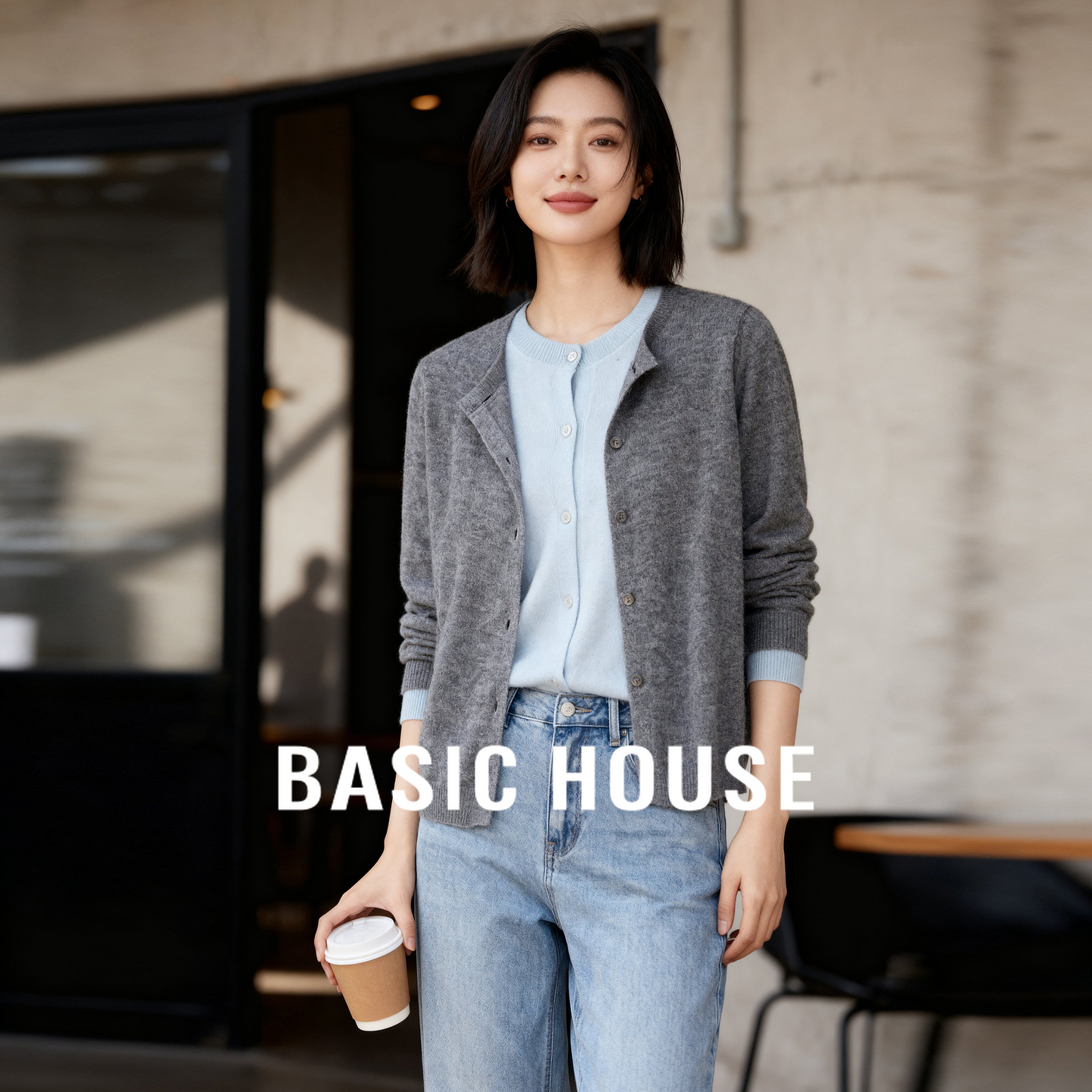 Basic House/百家好绵羊毛假两件撞色针织外套小个子秋新款开衫