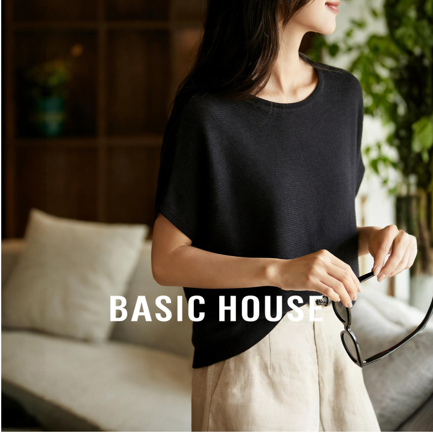Basic House/百家好慵懒风宽松短袖针织衫夏季圆领透气防晒上衣女