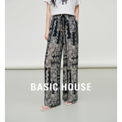 Basic House/百家好复古印花休闲裤女夏季小个子宽松阔腿直筒长裤