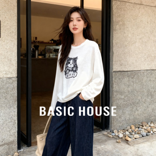 Basic House/百家好猫咪字母印花针织衫春季新款莱赛尔休闲上衣女