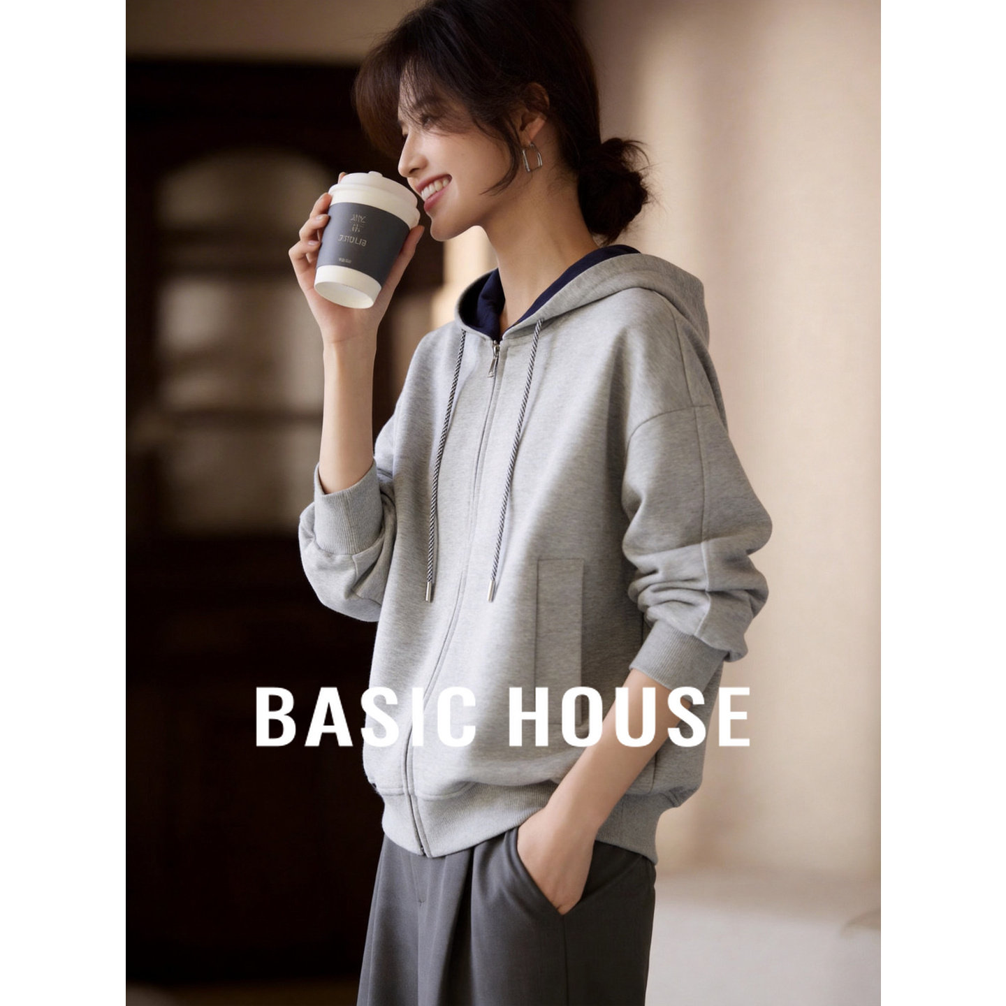 Basic House/百家好撞色连帽卫衣女休闲显瘦灰色外套春季2026新款