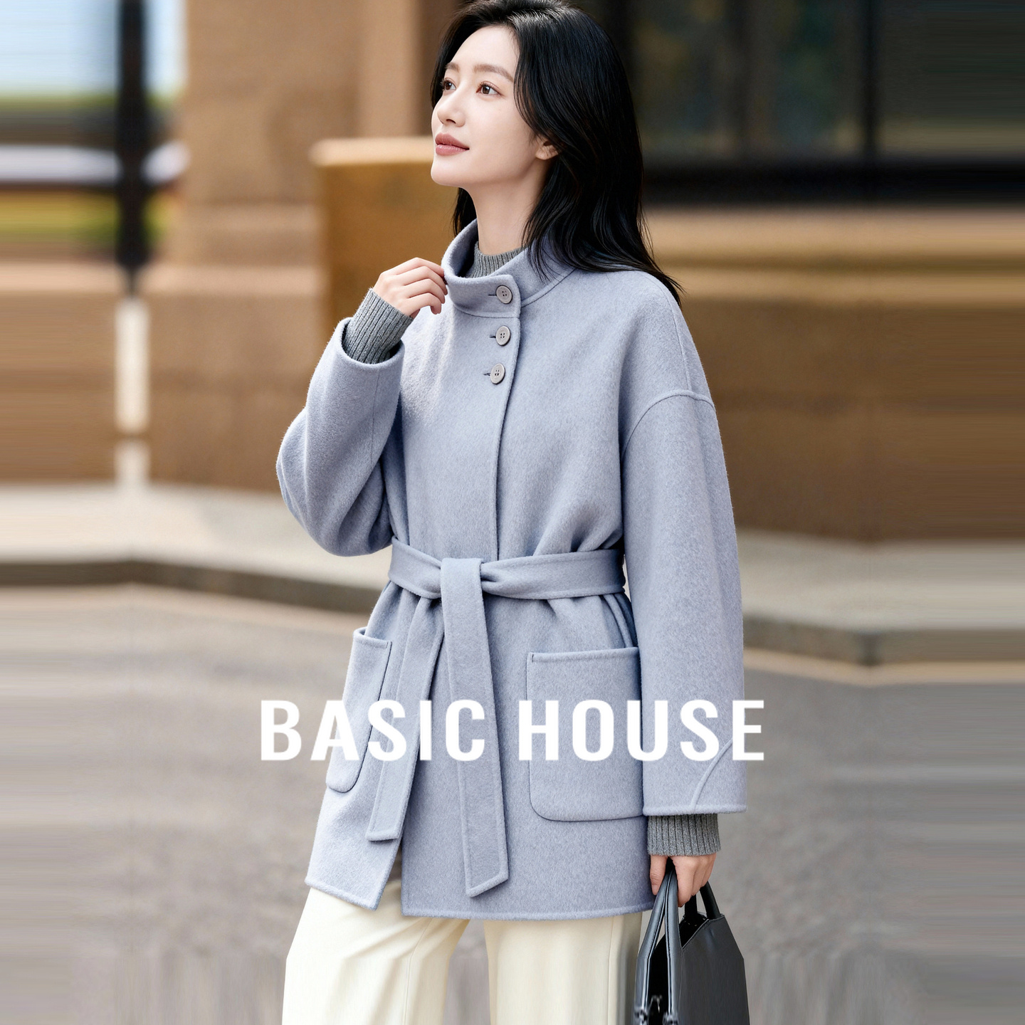 Basic House/百家好气质系带短款毛呢短外套女25冬新款双面呢大衣