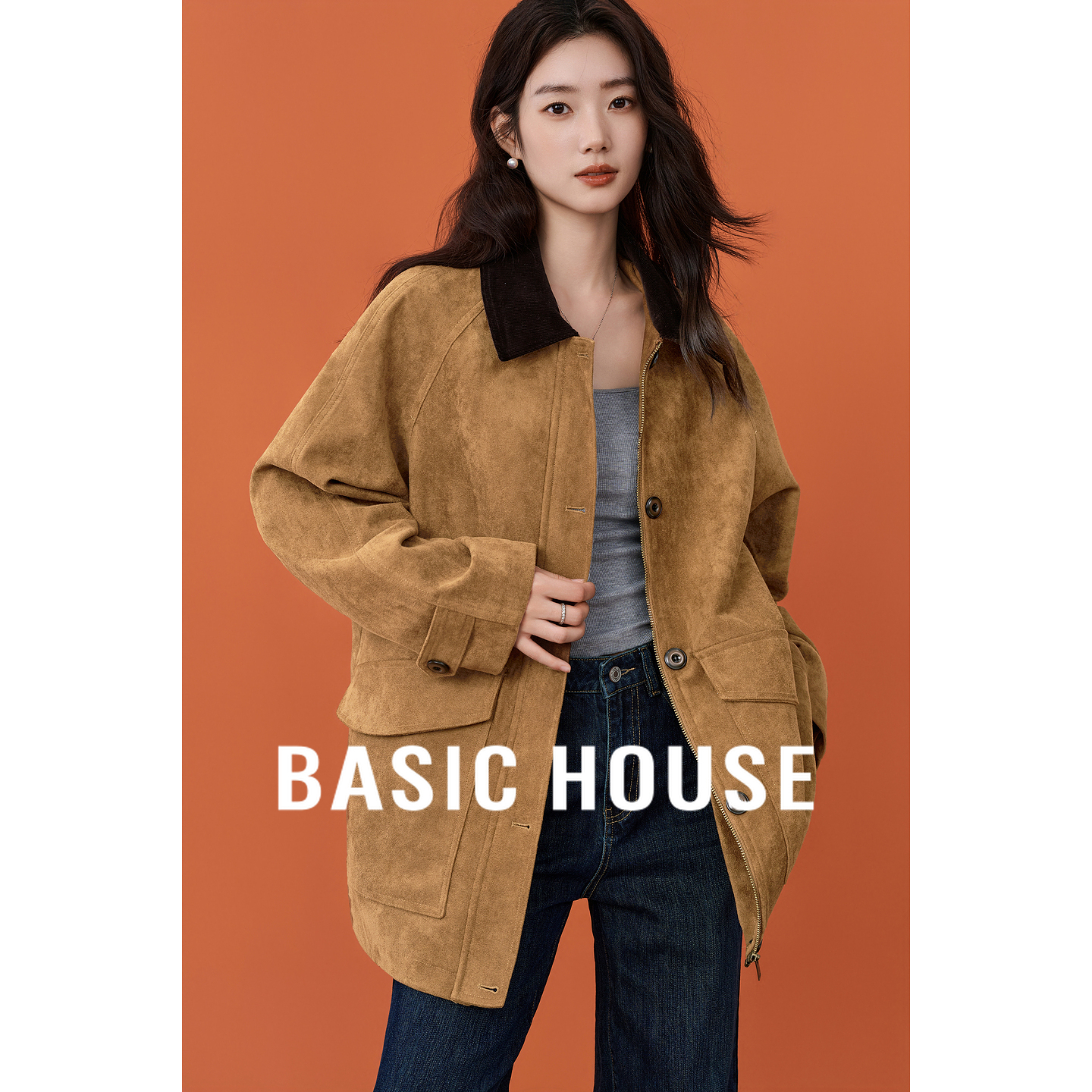 Basic House/百家好2025秋新款休闲风外套中长夹克复古仿麂皮外套
