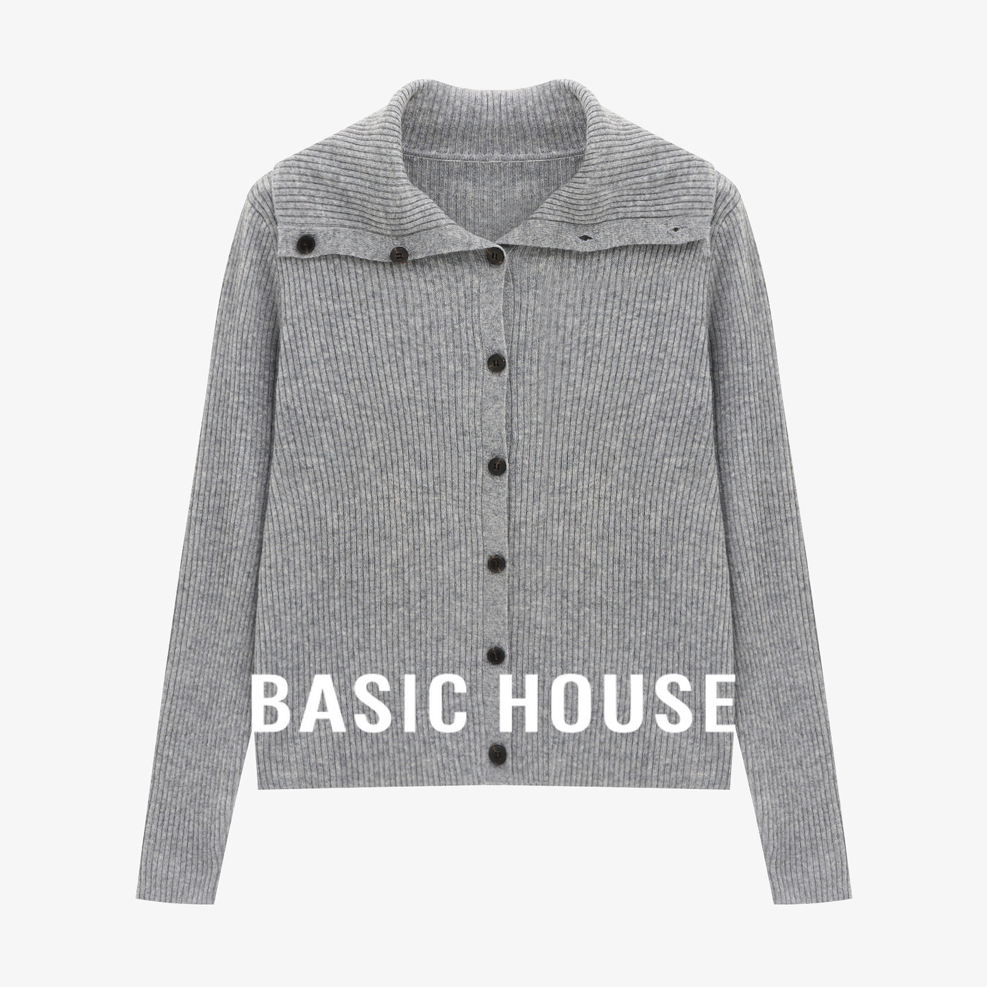 Basic House/百家好灰色针织开衫女设计感翻领单排扣气质显瘦毛衣