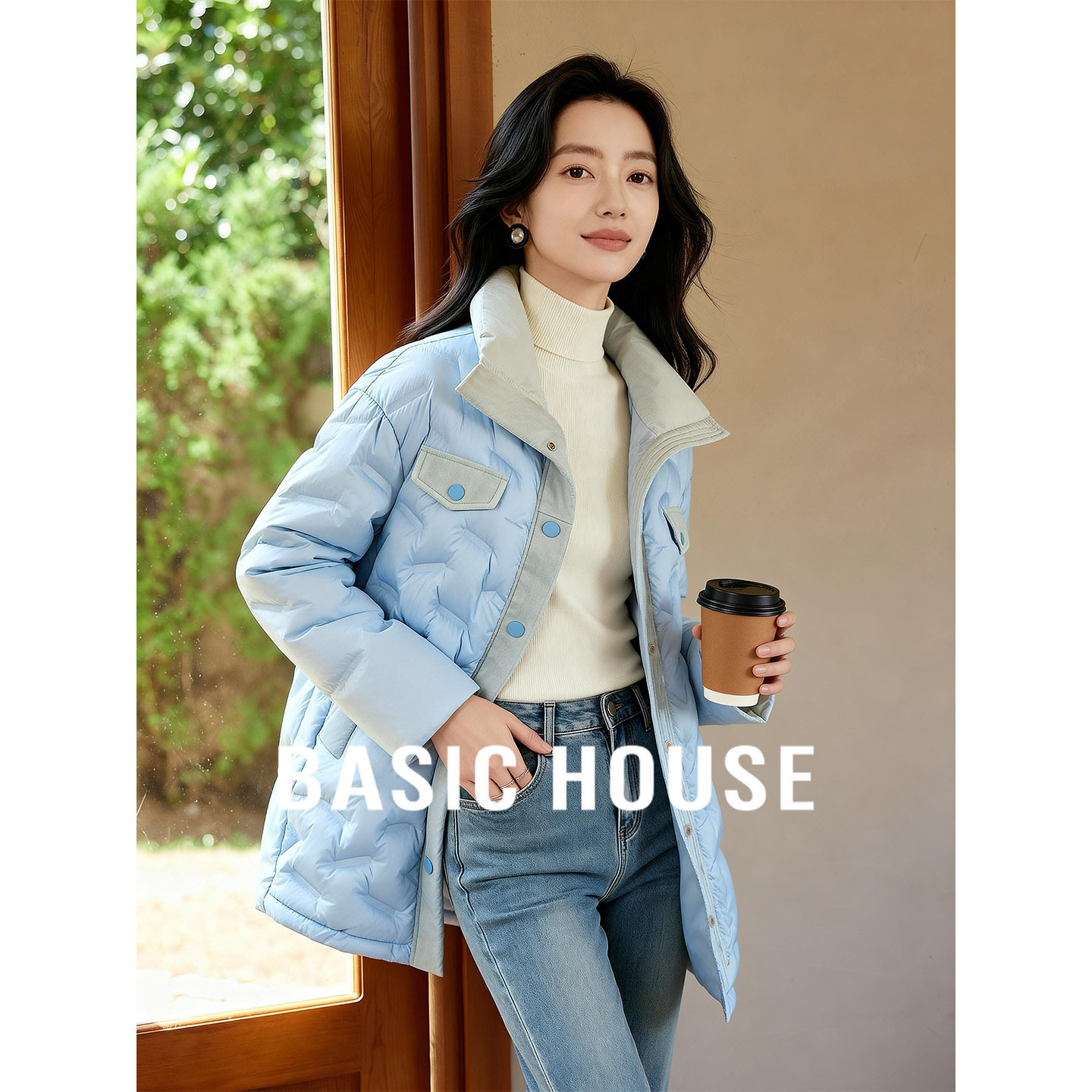 Basic House/百家好轻薄翻领羽绒服女冬季高级感百搭保暖时尚外套