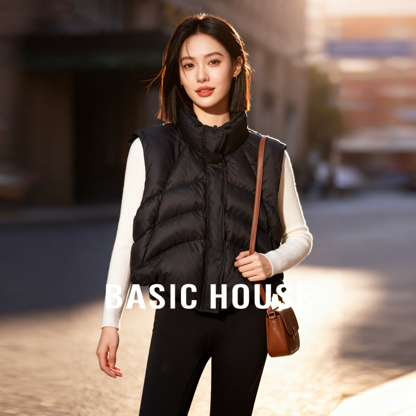 Basic House/百家好黑色立领羽绒马甲冬季保暖无袖白鸭绒短款外套