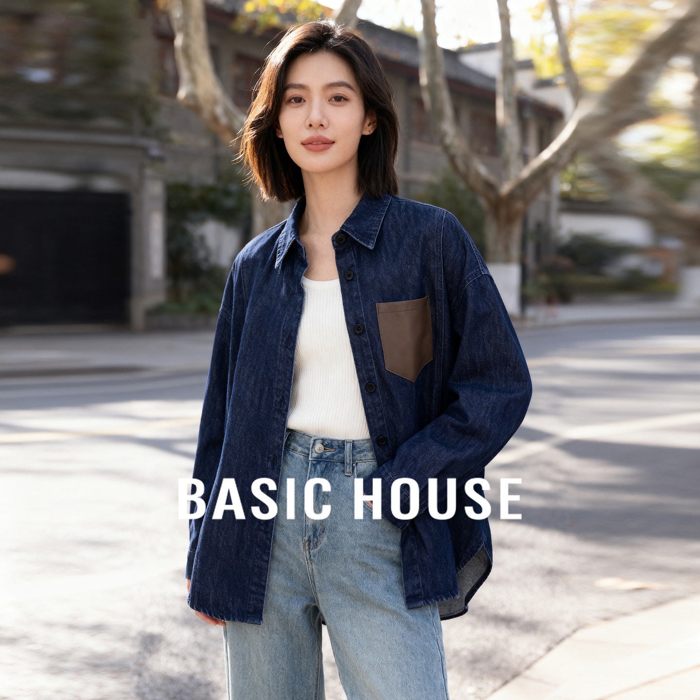 Basic House/百家好复古丹尼牛仔衬衫女秋季新款慵懒宽松休闲外套