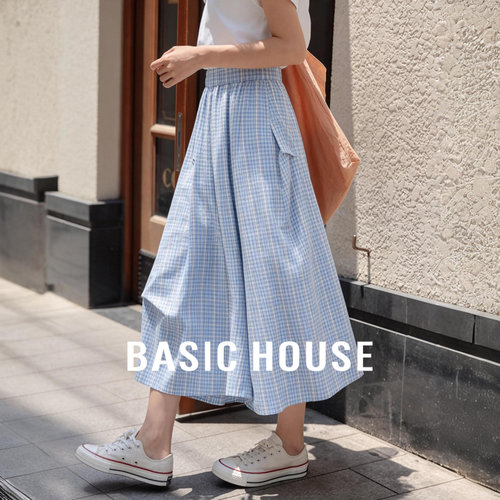 Basic House/百家好蓝格纹A字廓形不规则裙裤女夏减龄七分休闲裤
