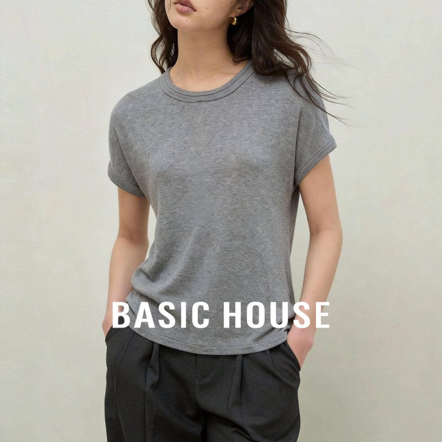 Basic House/百家好灰色圆领短袖T恤春新款宽松含羊毛内搭上衣女