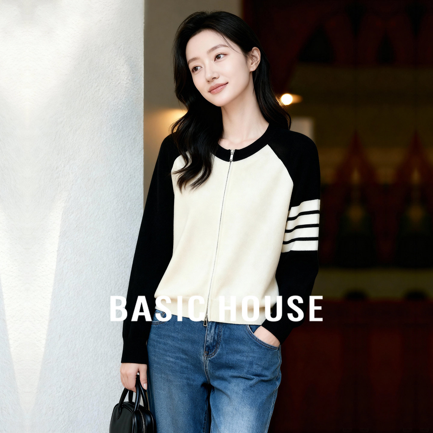 Basic House/百家好学院风撞色拼接针织衫宽松圆领插肩袖开衫外套