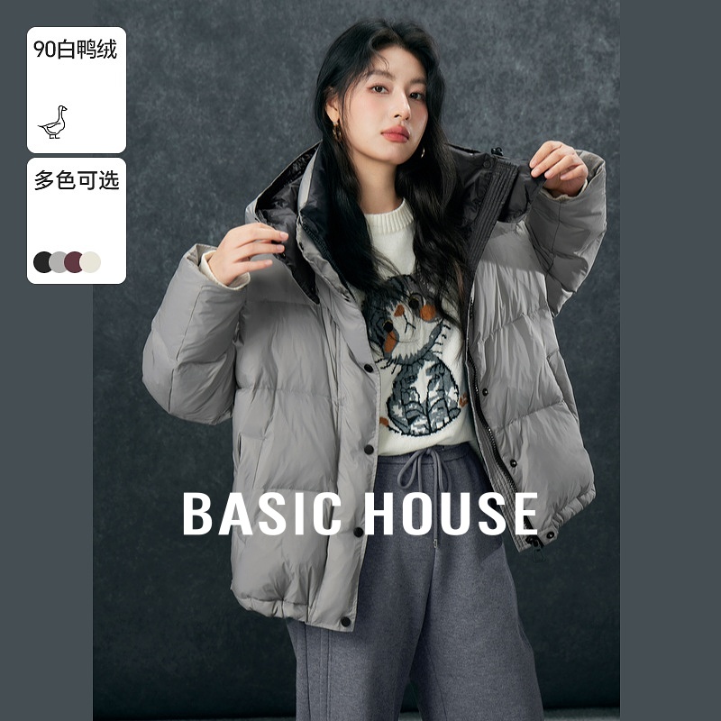 Basic House/百家好连帽撞色羽绒服韩版加厚短款白鸭绒外套冬保暖